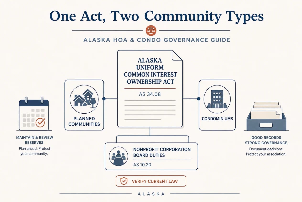 Editorial diagram showing one Alaska common-interest statute branching to meeting notice, insurance, voting, and records duties.