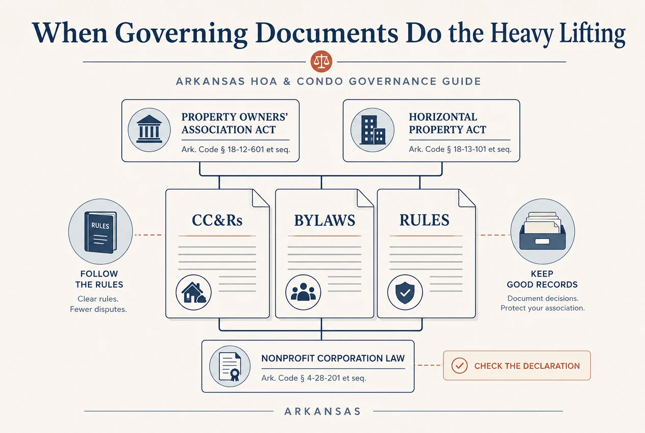 Editorial diagram showing an Arkansas recorded-bylaws binder feeding an annual financial ledger and assessment schedule.