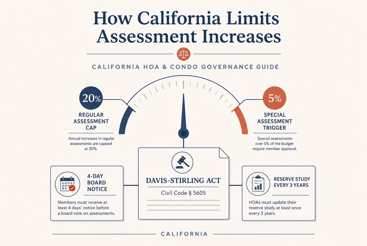 Editorial diagram showing California reserve-study cycles, a four-day meeting calendar, and assessment approval thresholds.