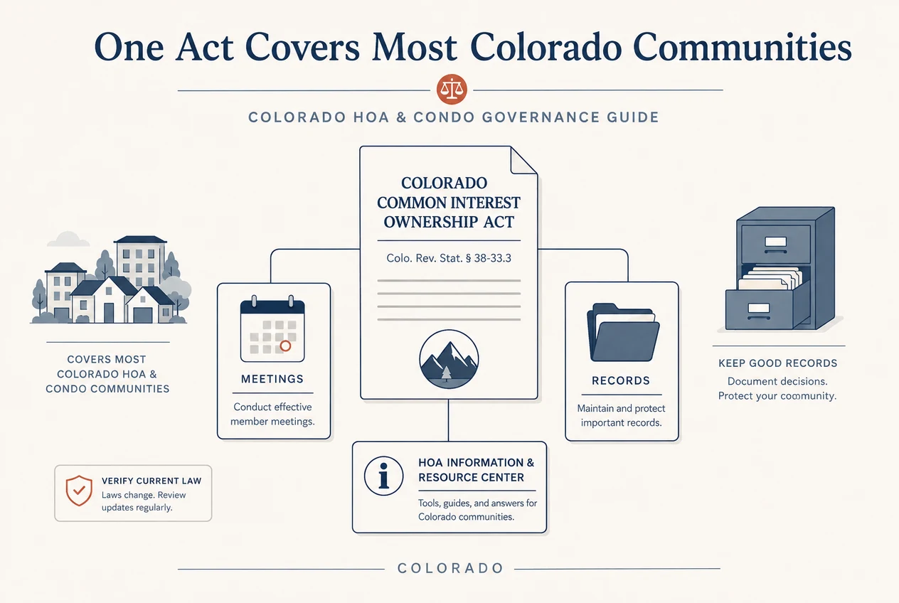 Colorado governance diagram showing an open meeting table beside a 30-year reserve-study timeline and a declaration vote marker.