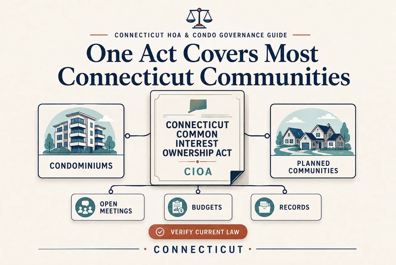 Connecticut governance diagram showing a 10-to-60-day owner-meeting window, a five-day board notice card, and a budget ratification gate.