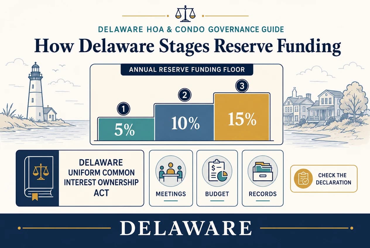 Delaware reserve diagram with three funding bars labeled 5%, 10%, and 15% beside a five-year reserve-study cycle.