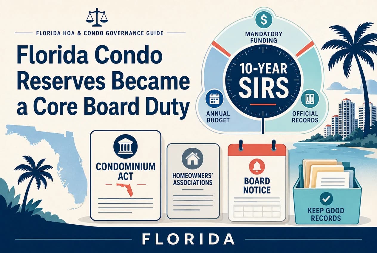 Florida governance diagram splitting Chapter 718 condominiums from Chapter 720 HOAs, with a ten-year SIRS ring on the condominium side.