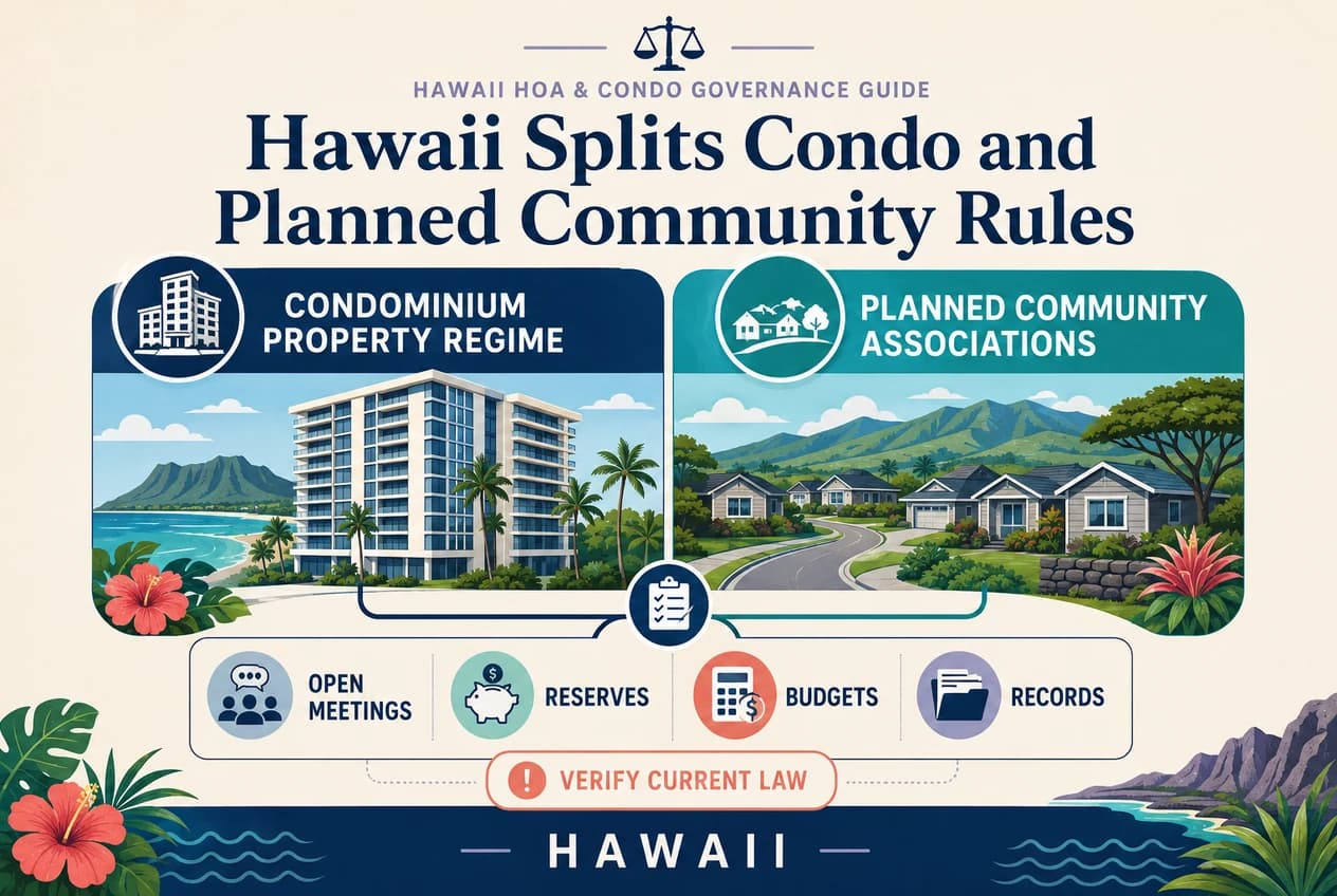 A Hawaii HOA and condominium governance diagram showing a reserve ledger, meeting calendar, and insurance shield.