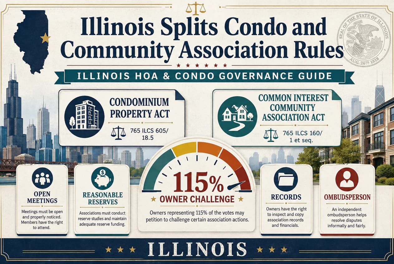An Illinois association governance diagram showing an open board calendar, reserve ledger, and records archive.