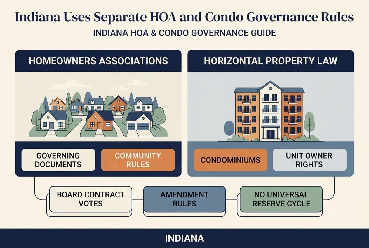 An Indiana HOA governance diagram showing an amendment ballot, contract approval threshold, and budget ledger.