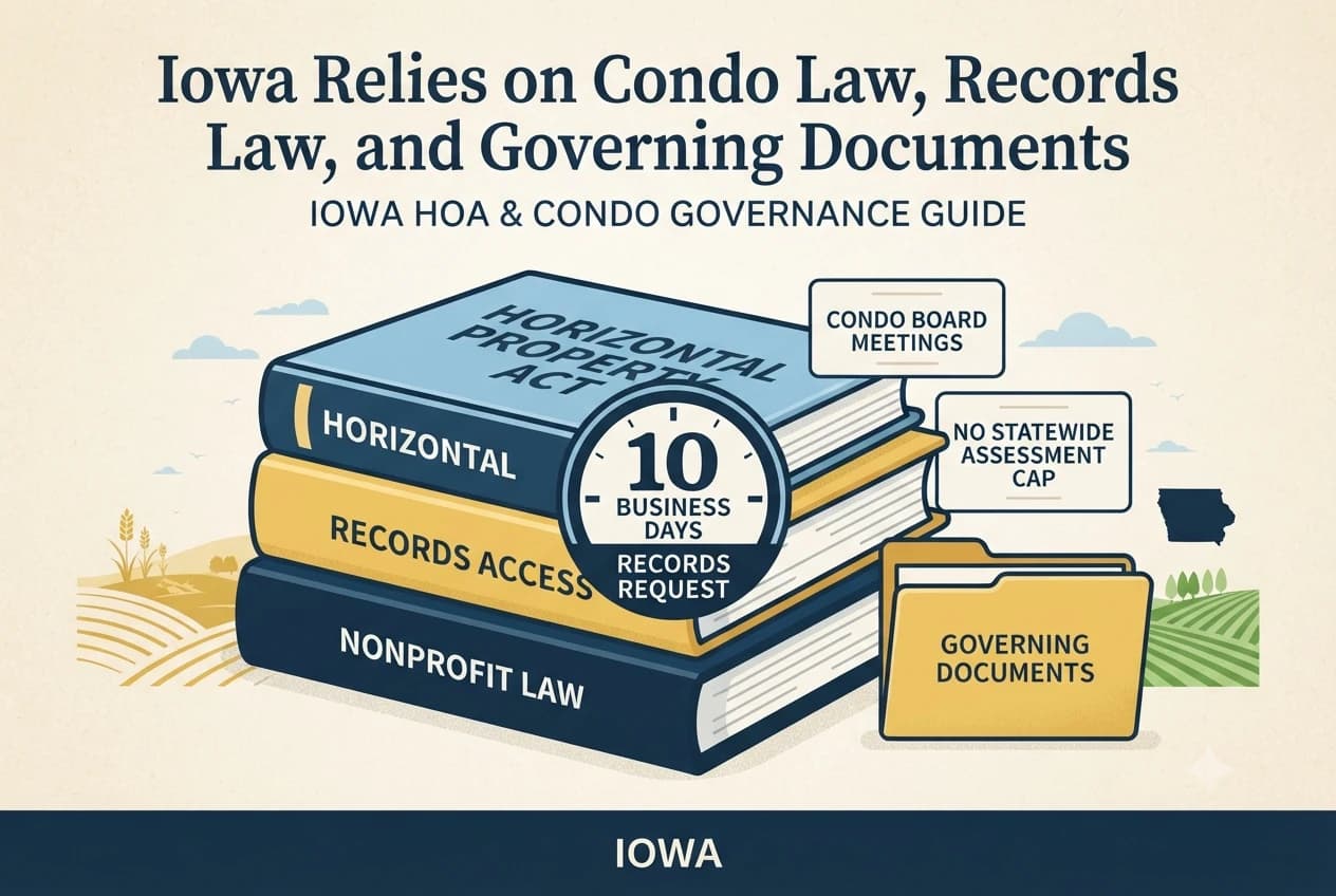 An Iowa association governance diagram showing a seven-day meeting calendar, ten-business-day records tray, and budget ledger.