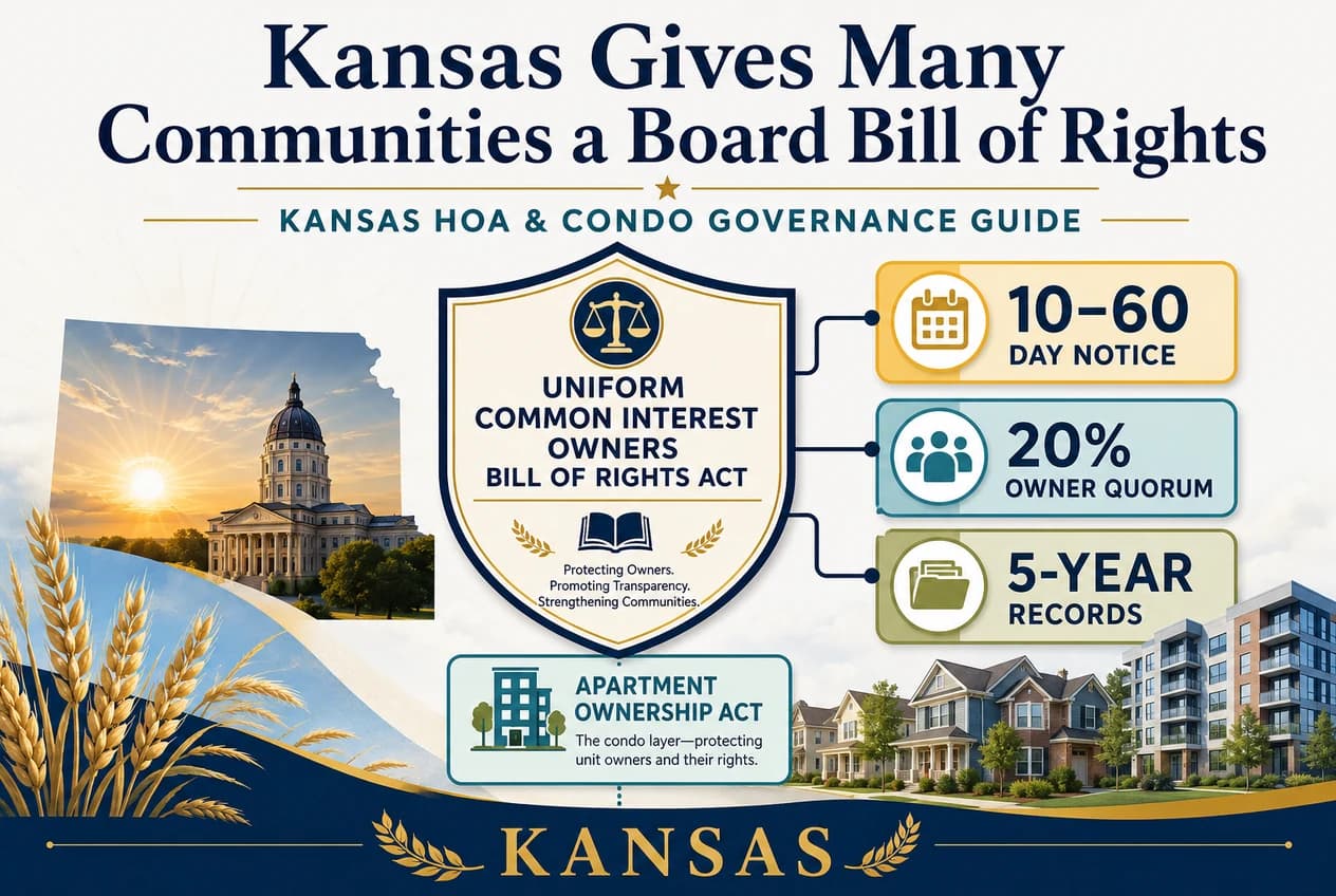 Kansas HOA governance diagram showing an open meeting calendar, records tray, and budget vote flow.