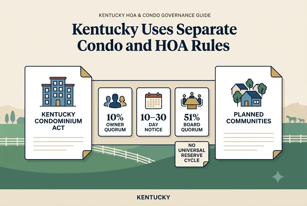Kentucky governance flow showing a ten-percent quorum gauge, meeting notice envelope, and financial report ladder.