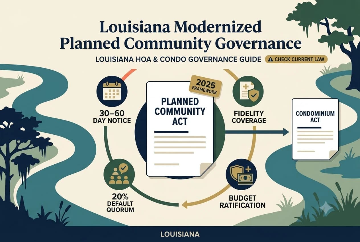 Louisiana governance diagram combining a 30-to-60-day meeting calendar, budget ratification ballot, and fidelity shield.