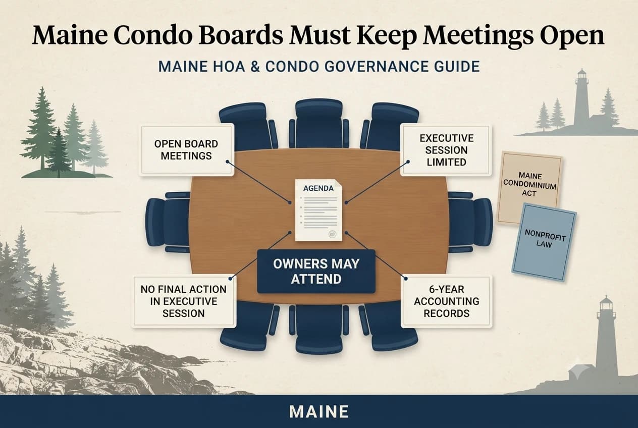 Maine condo governance diagram showing a six-year records archive, insurance shield, and 10-to-60-day meeting notice calendar.