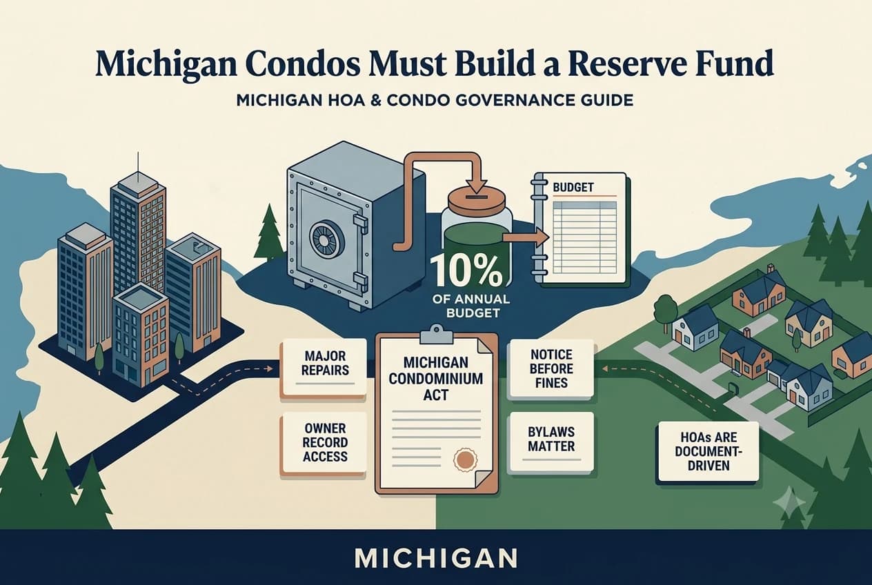Michigan condominium governance diagram with a ten-percent reserve gauge, budget ledger, and notice-and-hearing card.