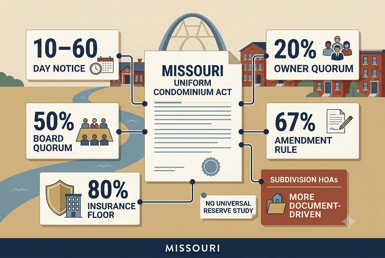 Missouri condominium governance diagram with a 10–60 day calendar, 20% quorum marker, 67% ballot threshold, and insurance shield.