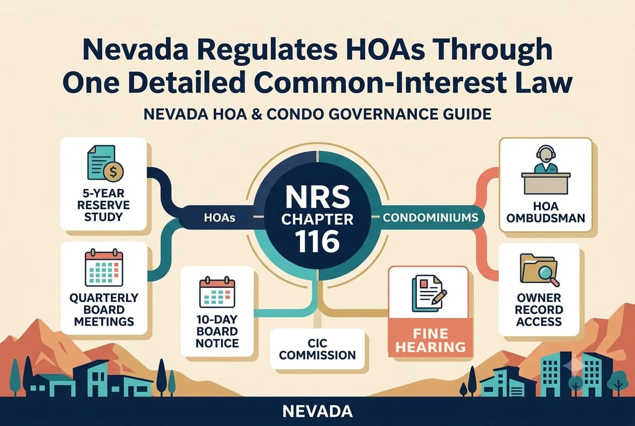 Nevada HOA governance diagram centered on a five-year reserve-study ring, quarterly meeting calendar, and Ombudsman records tray.