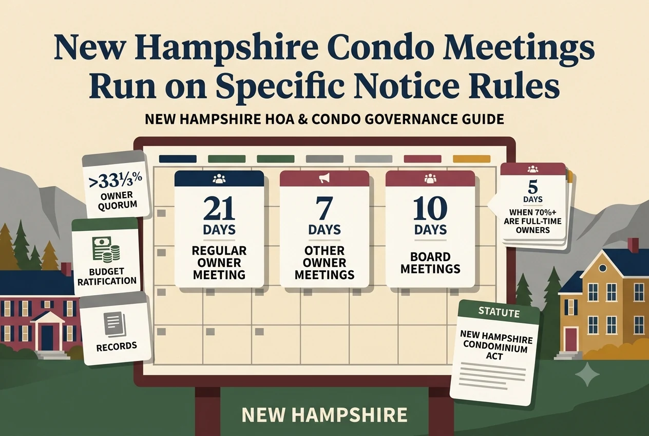 New Hampshire condo governance calendar showing 21-day owner notice, 10-day board notice, and a one-third quorum dial.