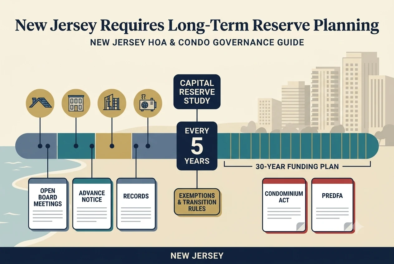 New Jersey reserve governance diagram showing a five-year study cycle feeding a 30-year funding plan and an open-meeting notice card.