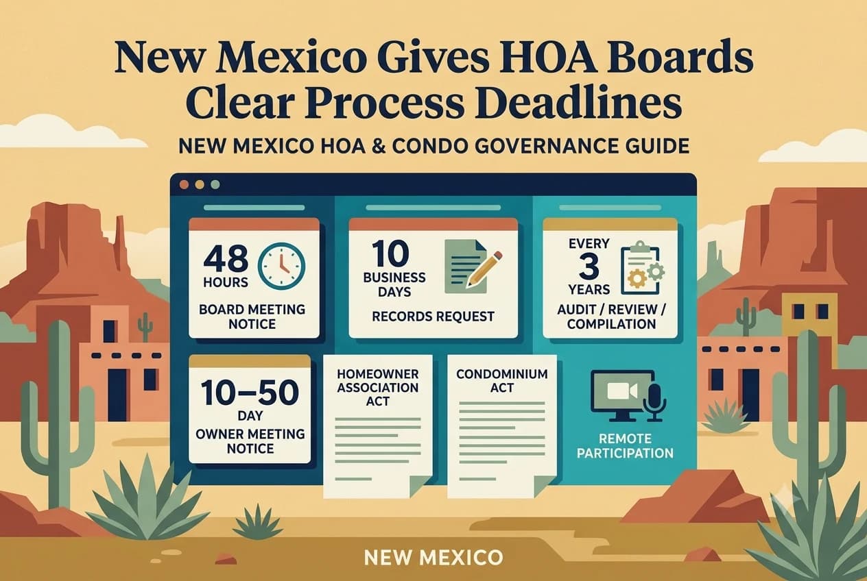 New Mexico HOA governance diagram with a 48-hour board calendar, ten-business-day records tray, and three-year financial review cycle.