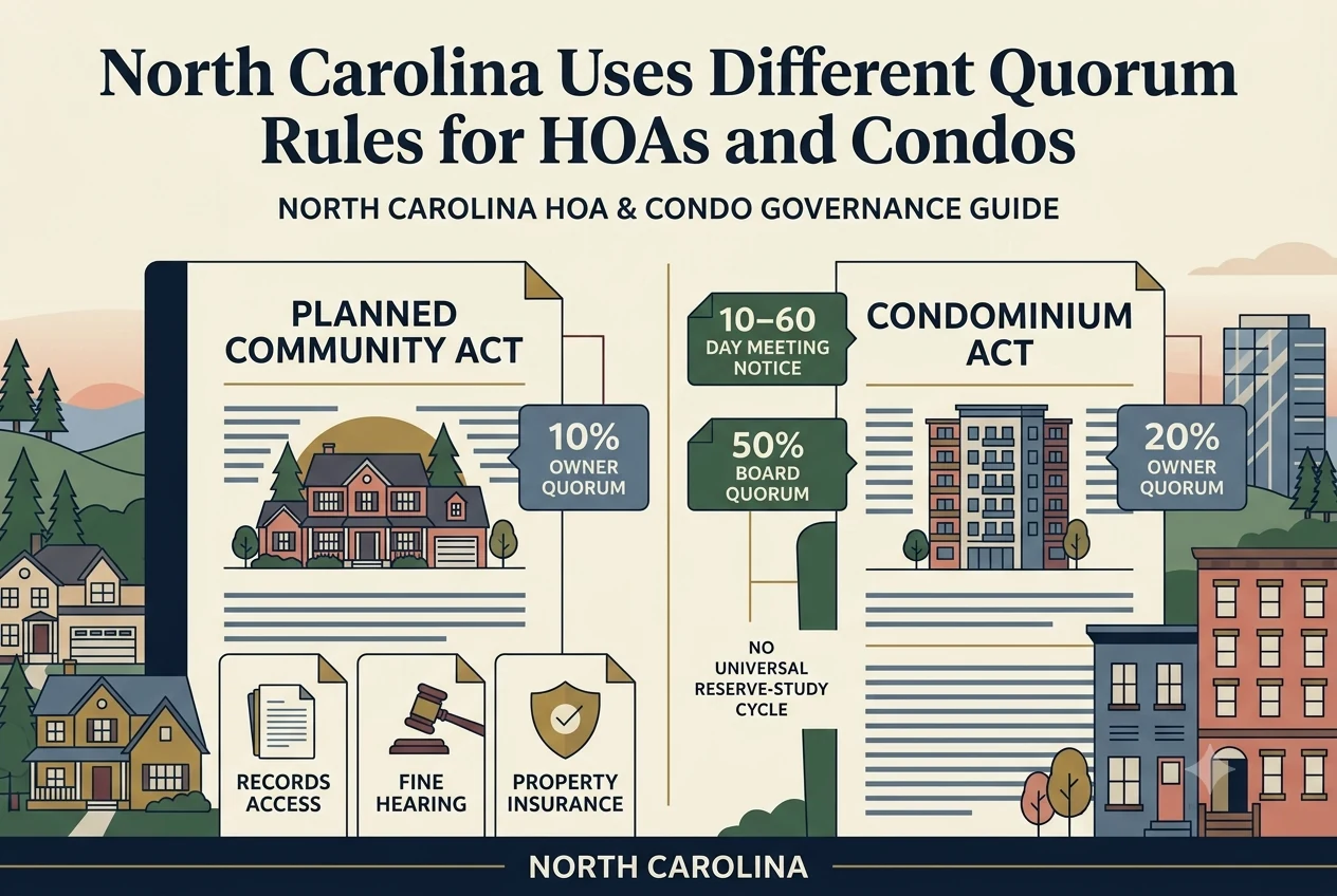 North Carolina governance diagram comparing 10 percent HOA quorum and 20 percent condo quorum beside a hearing and insurance checklist.