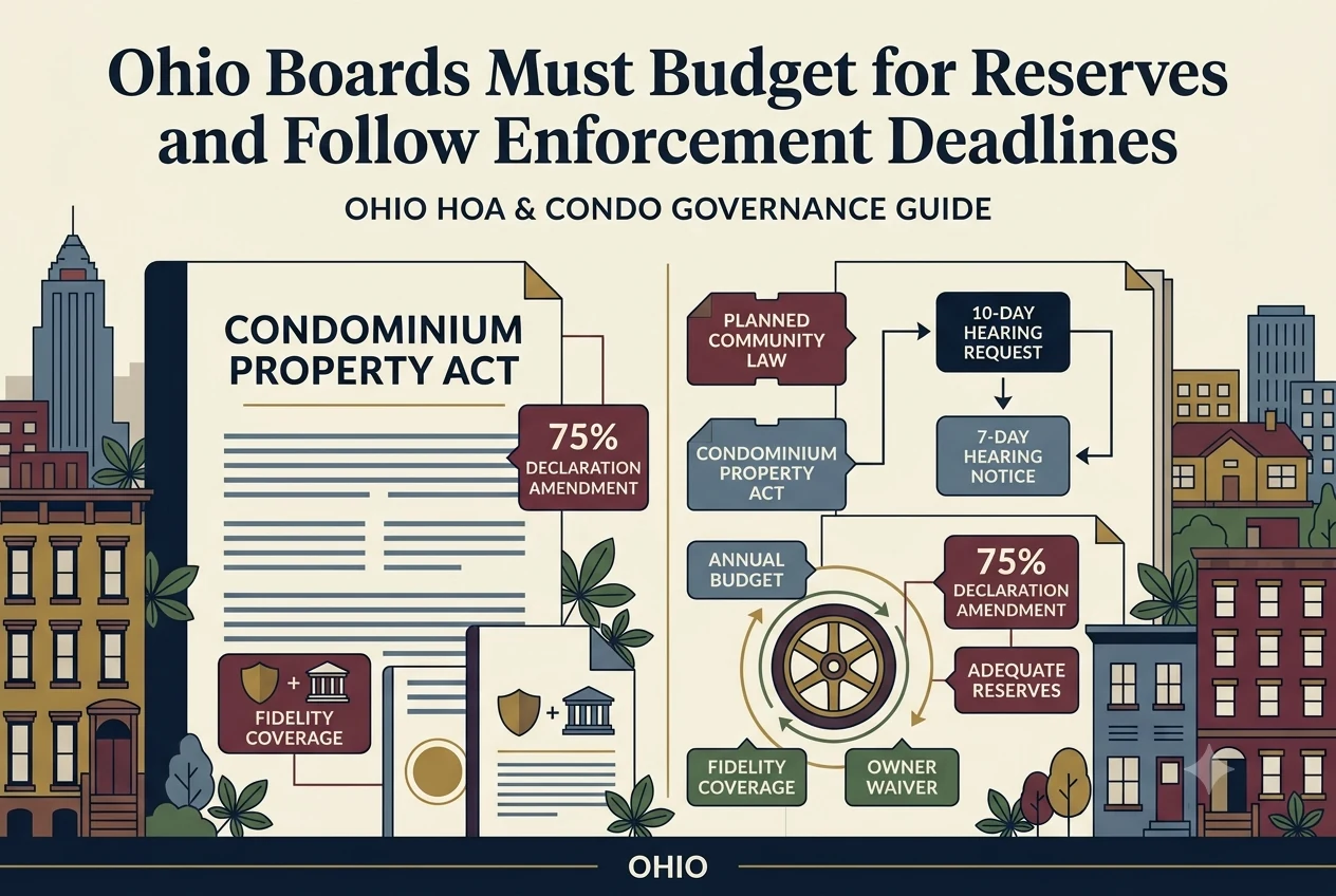 Ohio board governance diagram showing an adequate-reserve ledger, fidelity coverage formula, 75 percent amendment ballot, and enforcement hearing timeline.