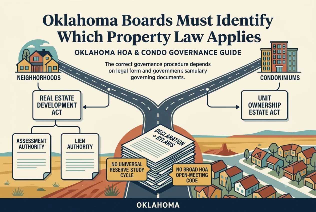 Diagram separating Oklahoma owners-association rules from condominium governance rules with recorded documents at the center.