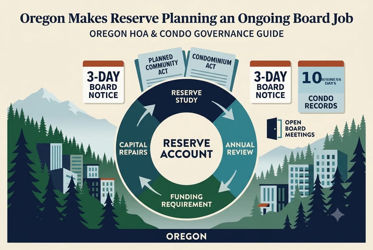 Circular Oregon reserve-study diagram linking component life, annual update, reserve account, and annual budget.