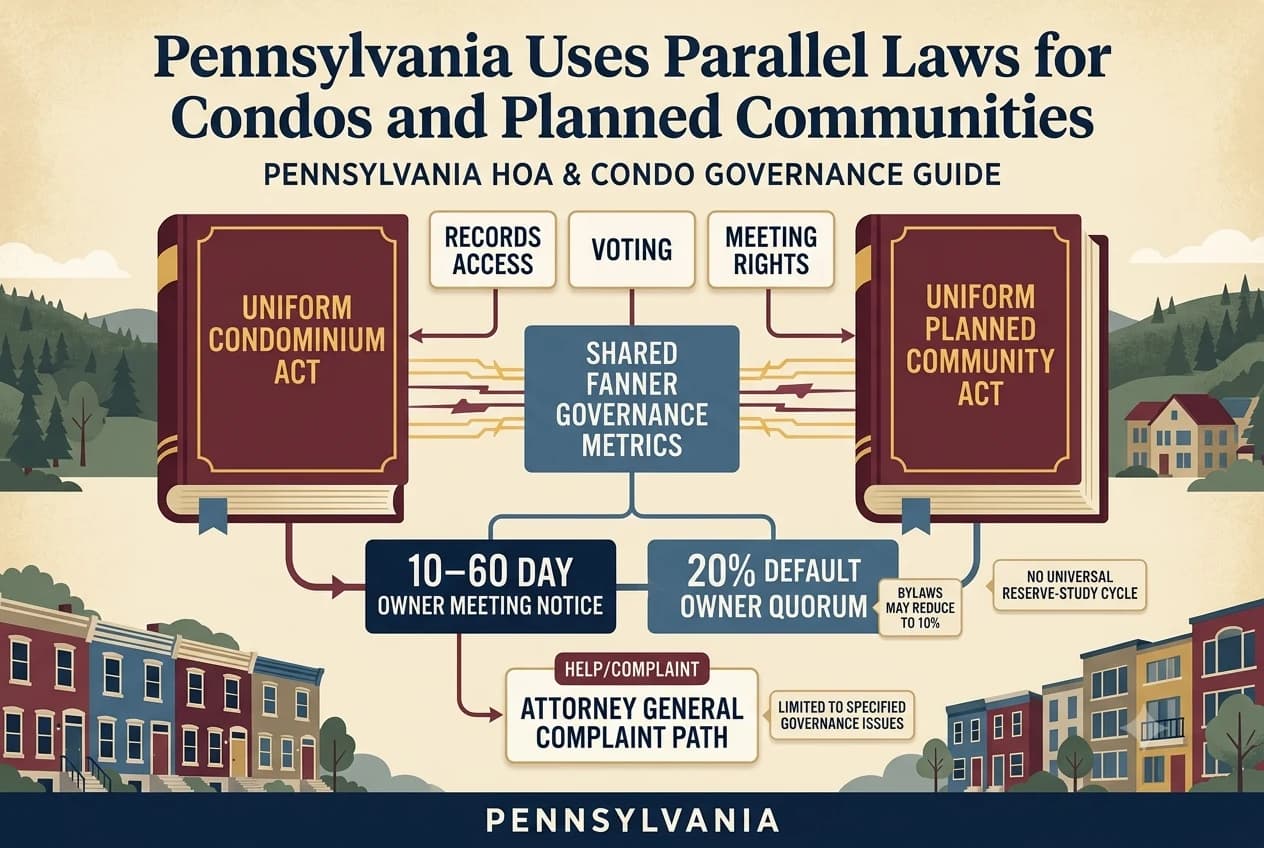 Two-column Pennsylvania governance diagram comparing planned-community and condominium statutes with shared meeting and quorum rules.