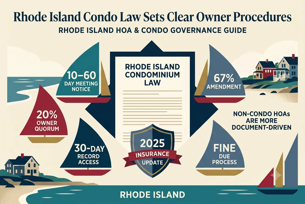 Rhode Island calendar and shield diagram showing the 10-to-60-day meeting window beside condominium insurance obligations.