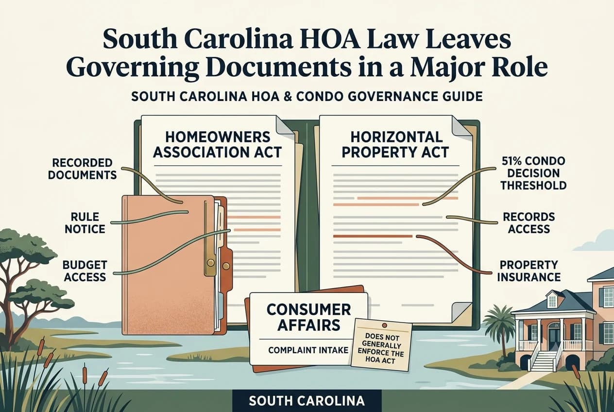 South Carolina document-filing diagram showing recorded HOA rules, condo bylaws, budget access, and owner records.