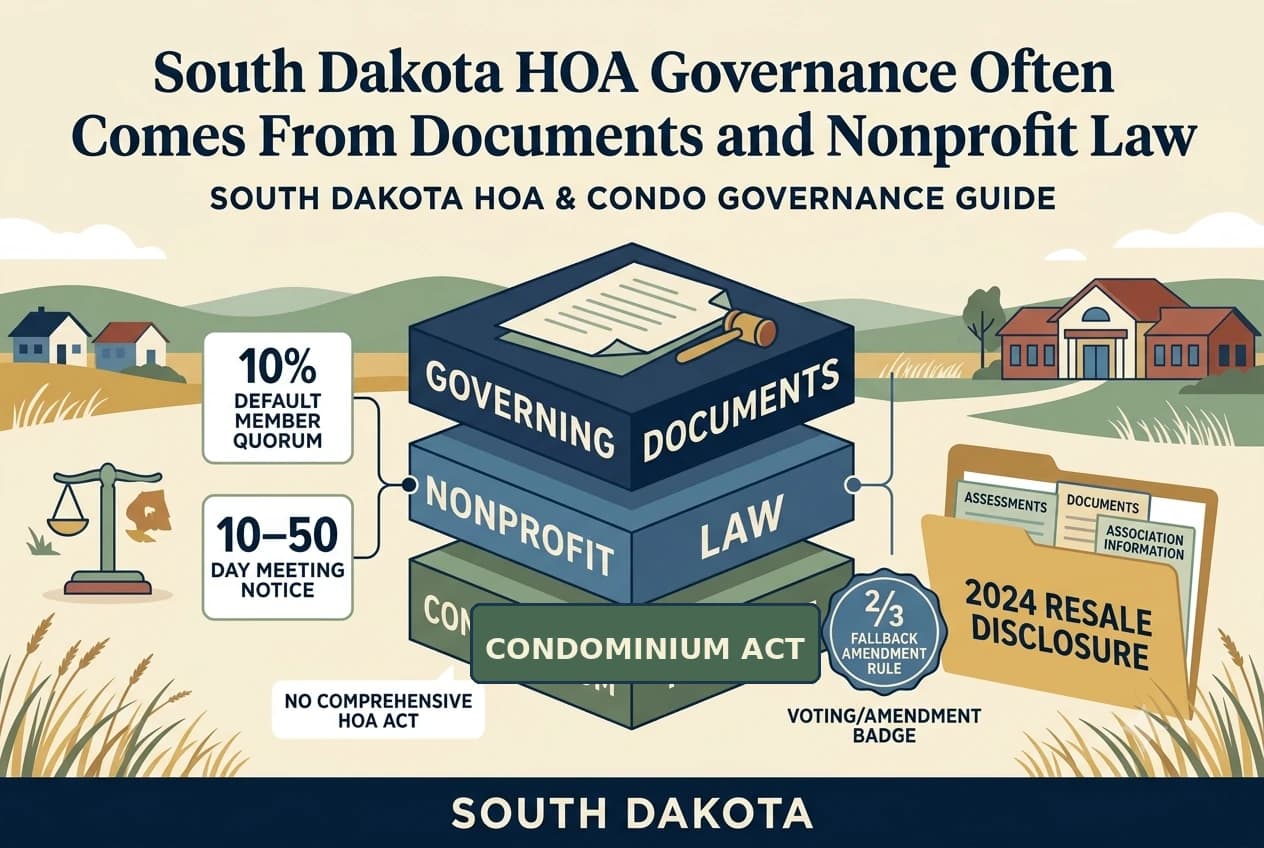A South Dakota HOA governance diagram showing recorded documents feeding into meeting, voting, records, and amendment rules.