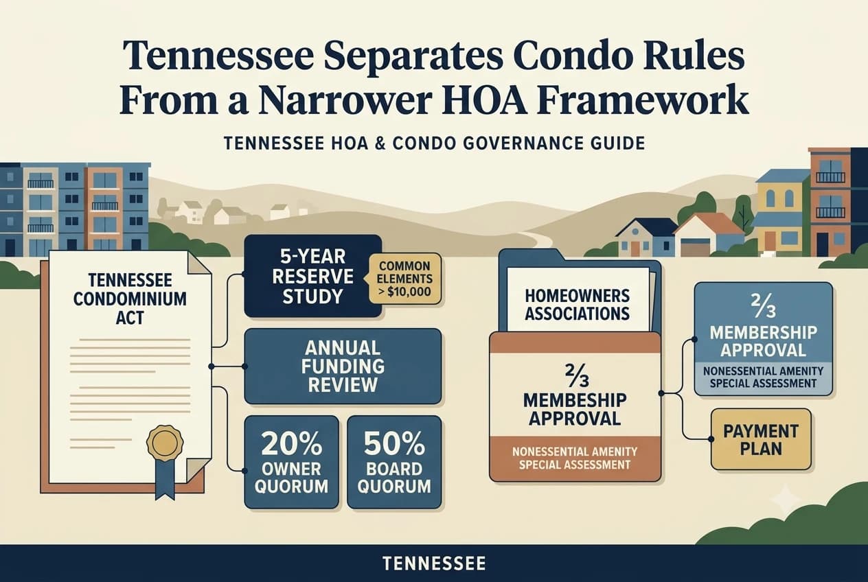 A Tennessee condo reserve diagram showing a five-year study cycle around a common-elements replacement-cost threshold.