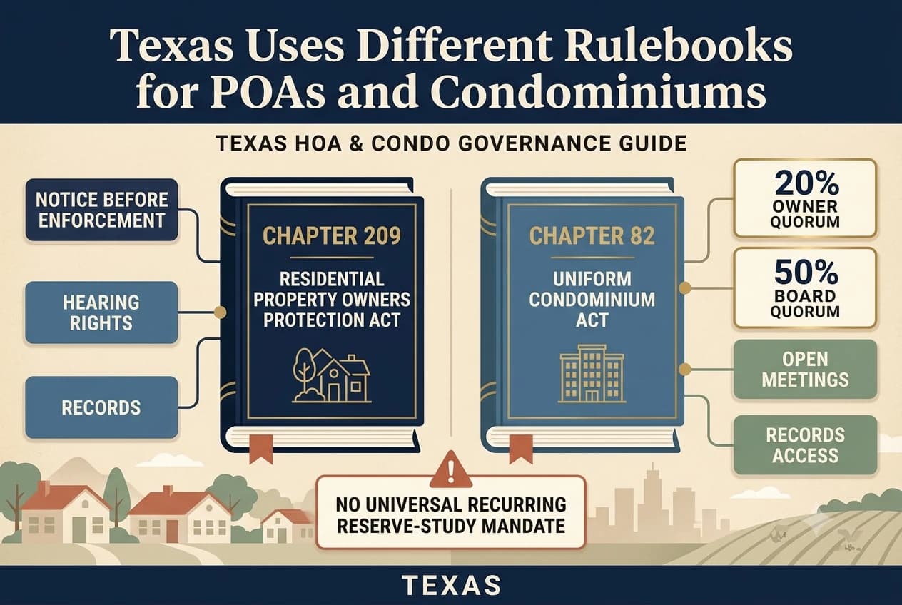 A Texas split-track governance diagram separating Chapter 209 HOA procedures from Chapter 82 condominium procedures.