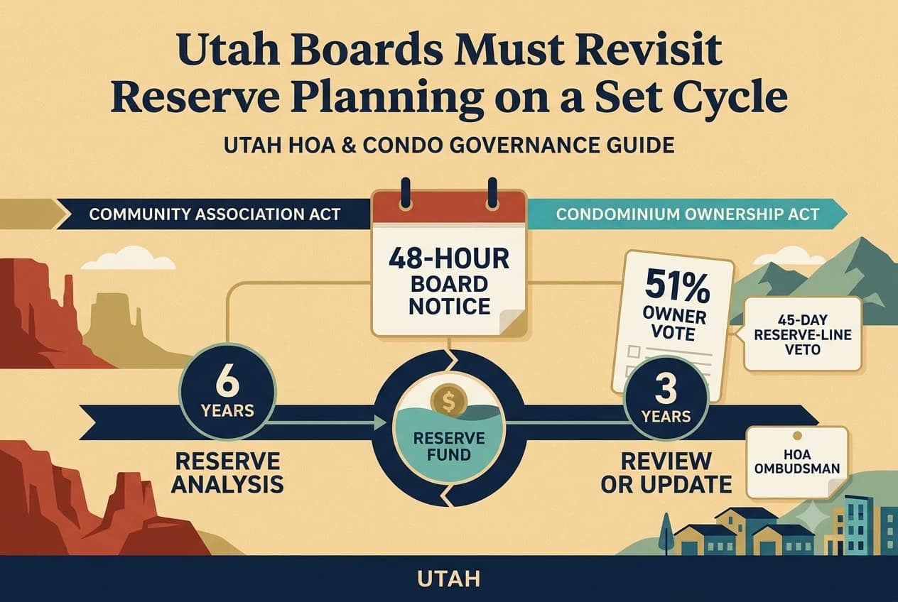 A Utah reserve and meeting diagram with six-year and three-year reserve cycles beside a 48-hour board-meeting notice clock.