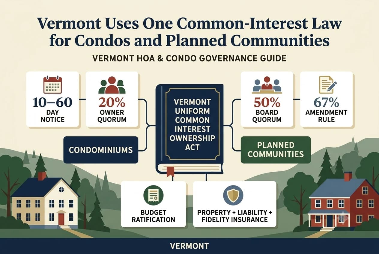 A Vermont UCIOA governance hub linking meeting notice, quorum, insurance, budget ratification, and amendment thresholds.