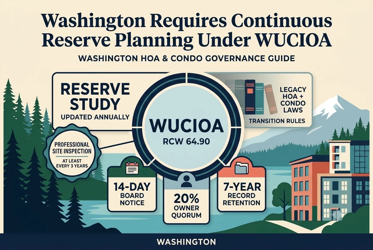 Washington governance diagram combining an annual reserve-update ring, three-year professional inspection marker, and 14-day board-meeting notice calendar.