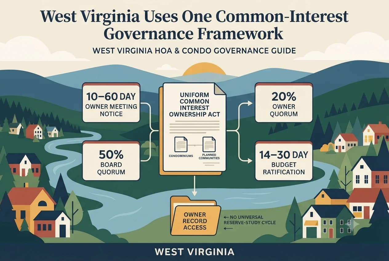 West Virginia governance diagram showing a 10-to-60-day owner meeting notice window, 20 percent quorum marker, and budget ratification calendar.