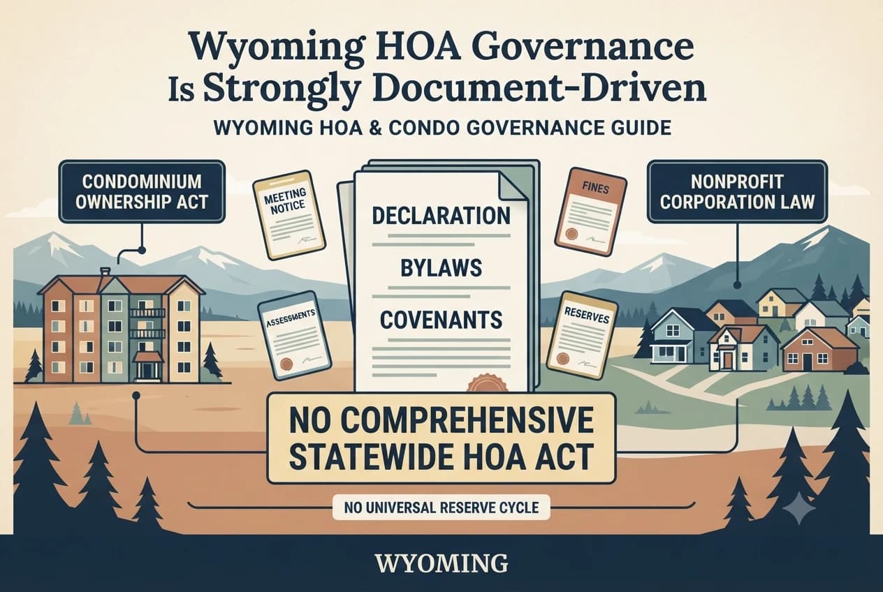 Wyoming governance diagram centered on a declaration and bylaws binder, with reserve, meeting, records, and assessment decisions branching from the documents.