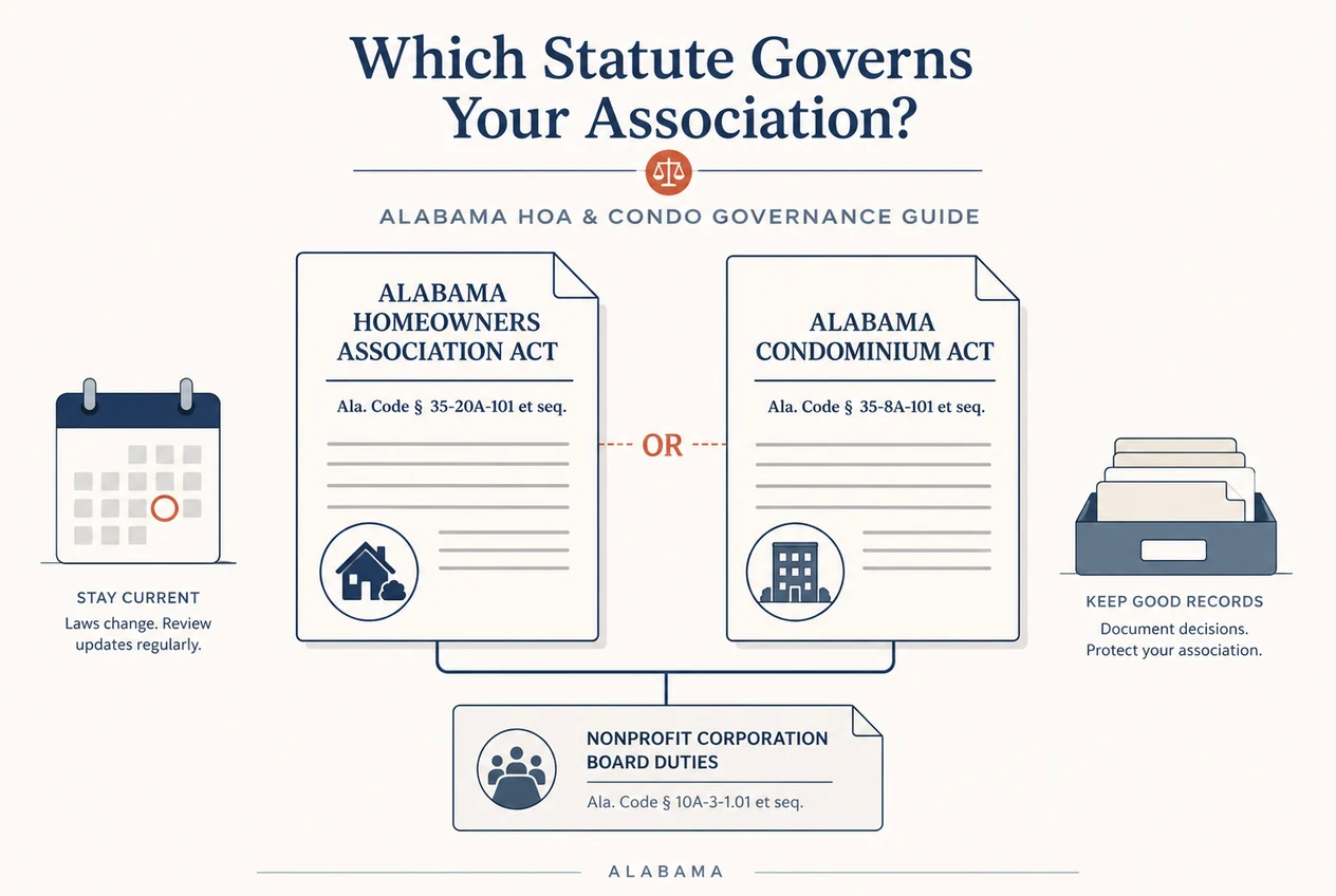 Editorial diagram showing Alabama HOA and condominium rulebooks splitting into meeting, records, insurance, and budget duties.