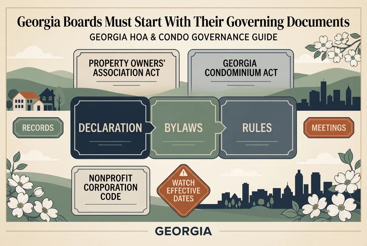 Georgia governance diagram showing separate HOA and condominium rulebooks, a two-thirds amendment marker, and a January 2027 transition card.