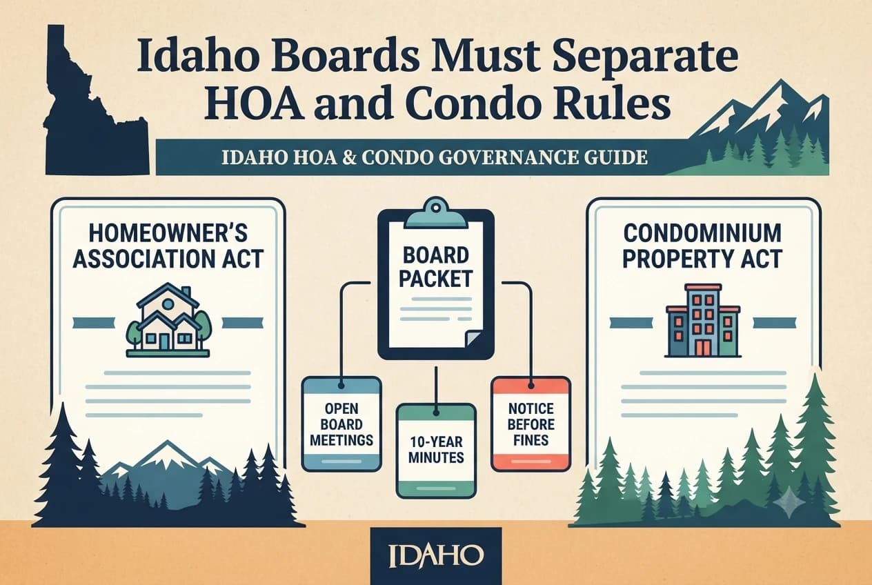 An Idaho HOA governance diagram with an open meeting table, records archive, and notice envelope for fines.