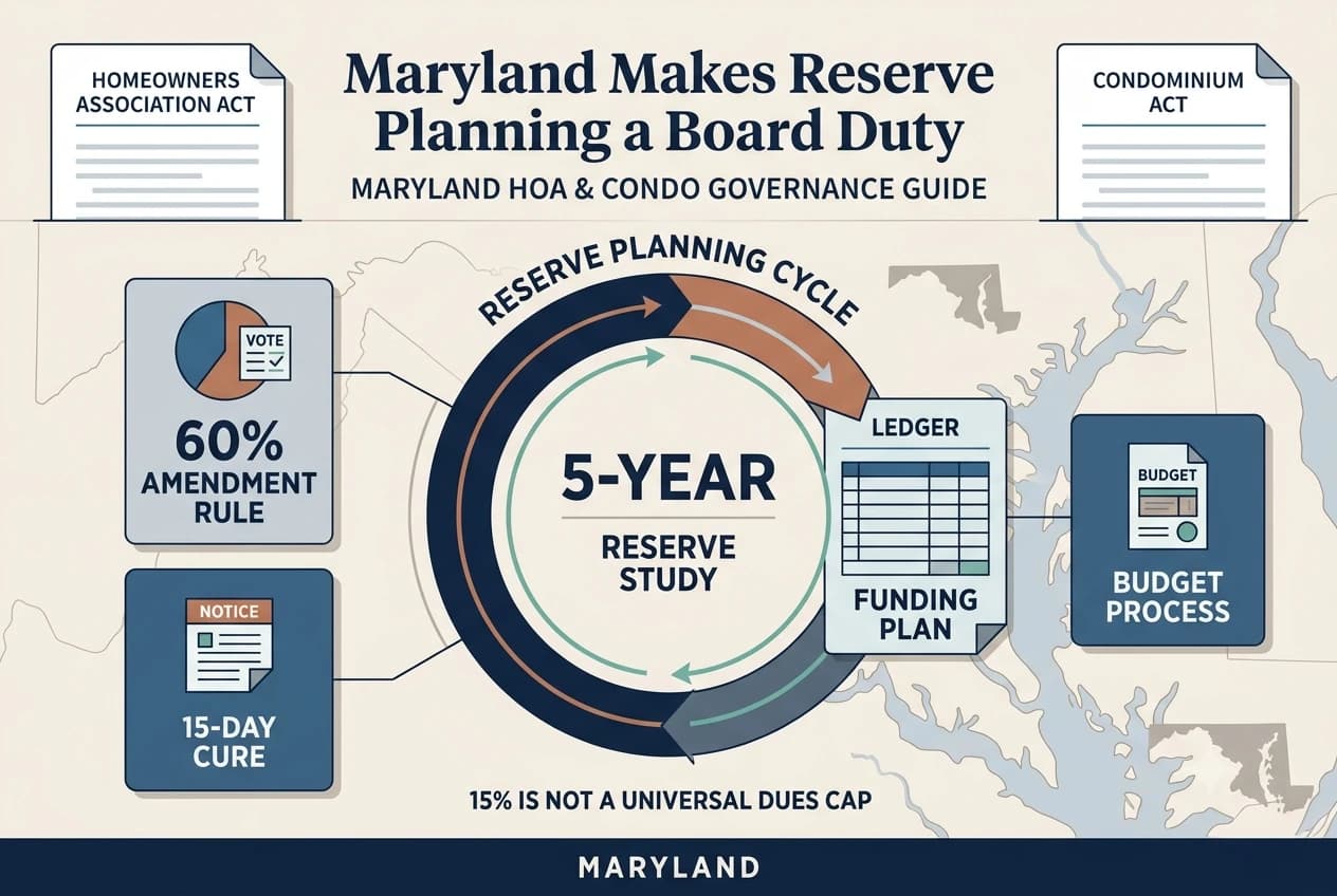 Maryland reserve governance diagram showing a five-year study cycle, reserve funding ledger, open meeting icon, and hearing notice.