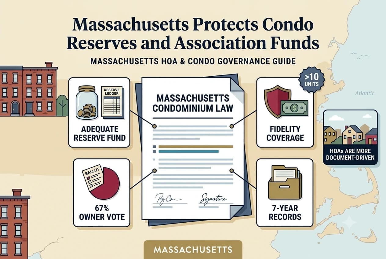 Massachusetts condominium governance diagram showing a reserve ledger, fidelity shield, and seven-year records archive.