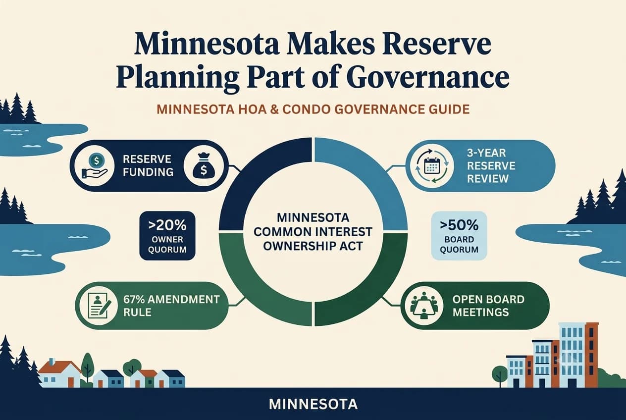 Minnesota common-interest governance diagram with a three-year reserve cycle, open meeting table, and quorum markers.