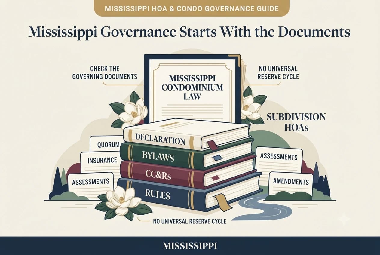 Mississippi condominium governance diagram centered on a recorded declaration feeding meeting, insurance, assessment, and enforcement rules.
