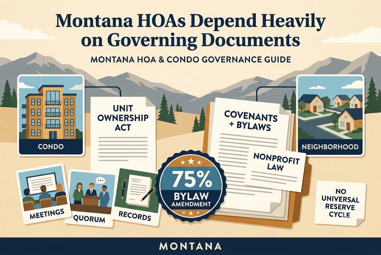Montana governance diagram showing recorded bylaws branching to meetings, records, assessments, and a 75 percent amendment ballot.