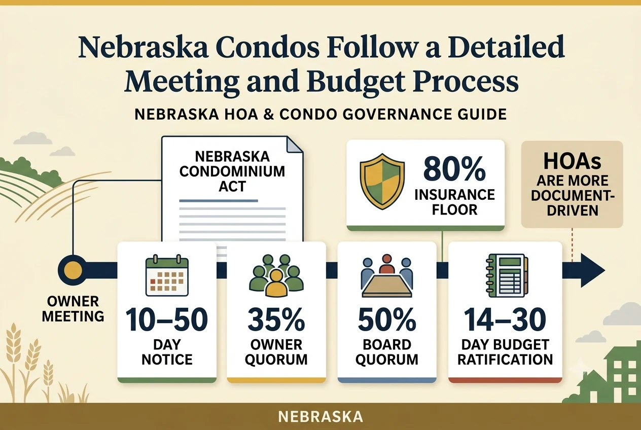 Nebraska condo governance timeline showing 10 to 50 day meeting notice, 35 percent owner quorum, and budget ratification.