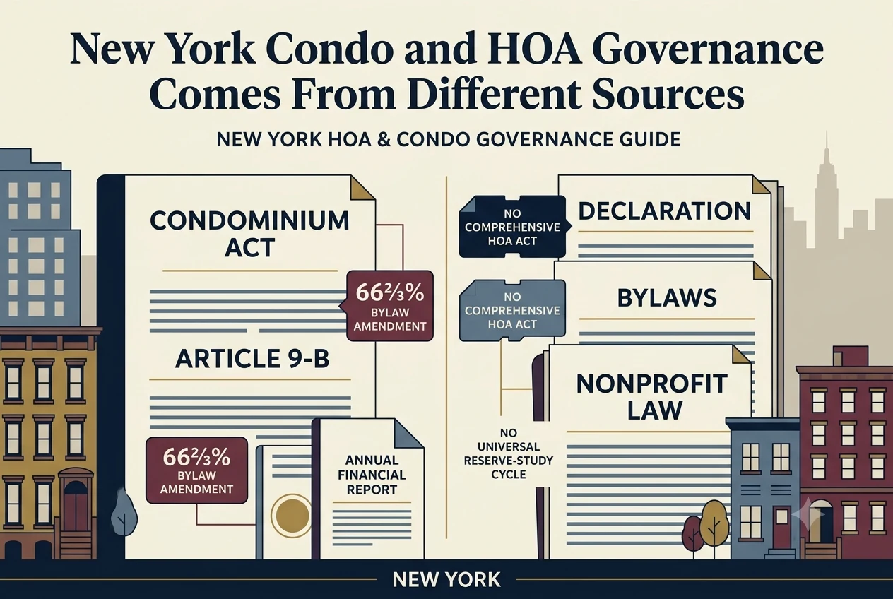 New York condominium governance diagram with a recorded bylaw book, electronic meeting node, 66⅔ percent amendment marker, and annual records ledger.