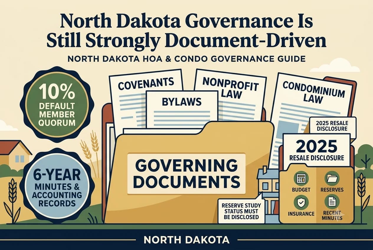 North Dakota governance diagram showing a six-year records archive feeding a resale disclosure folder with budgets, reserves, insurance, and recent minutes.