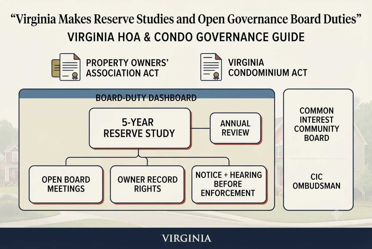 Diagram showing Virginia board governance with a five-year reserve-study cycle, open meeting agenda, and hearing notice timeline.