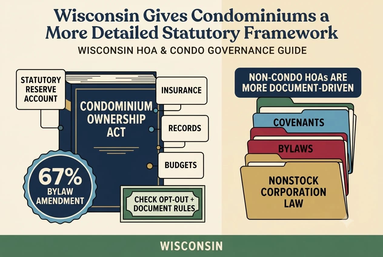 Wisconsin governance diagram showing a condominium declaration, a 67 percent bylaw-amendment threshold, annual budget ledger, and records archive.