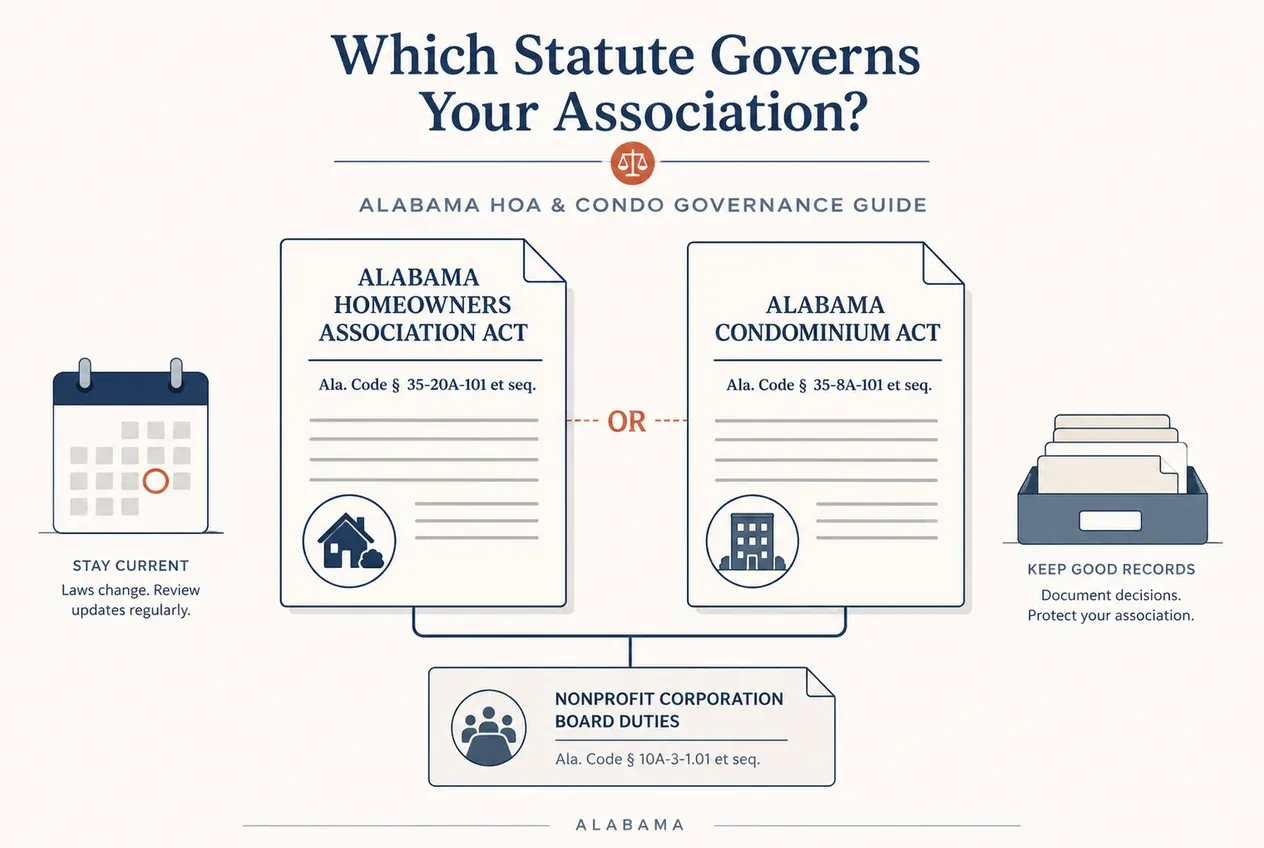 Editorial diagram showing Alabama HOA and condominium rulebooks splitting into meeting, records, insurance, and budget duties.